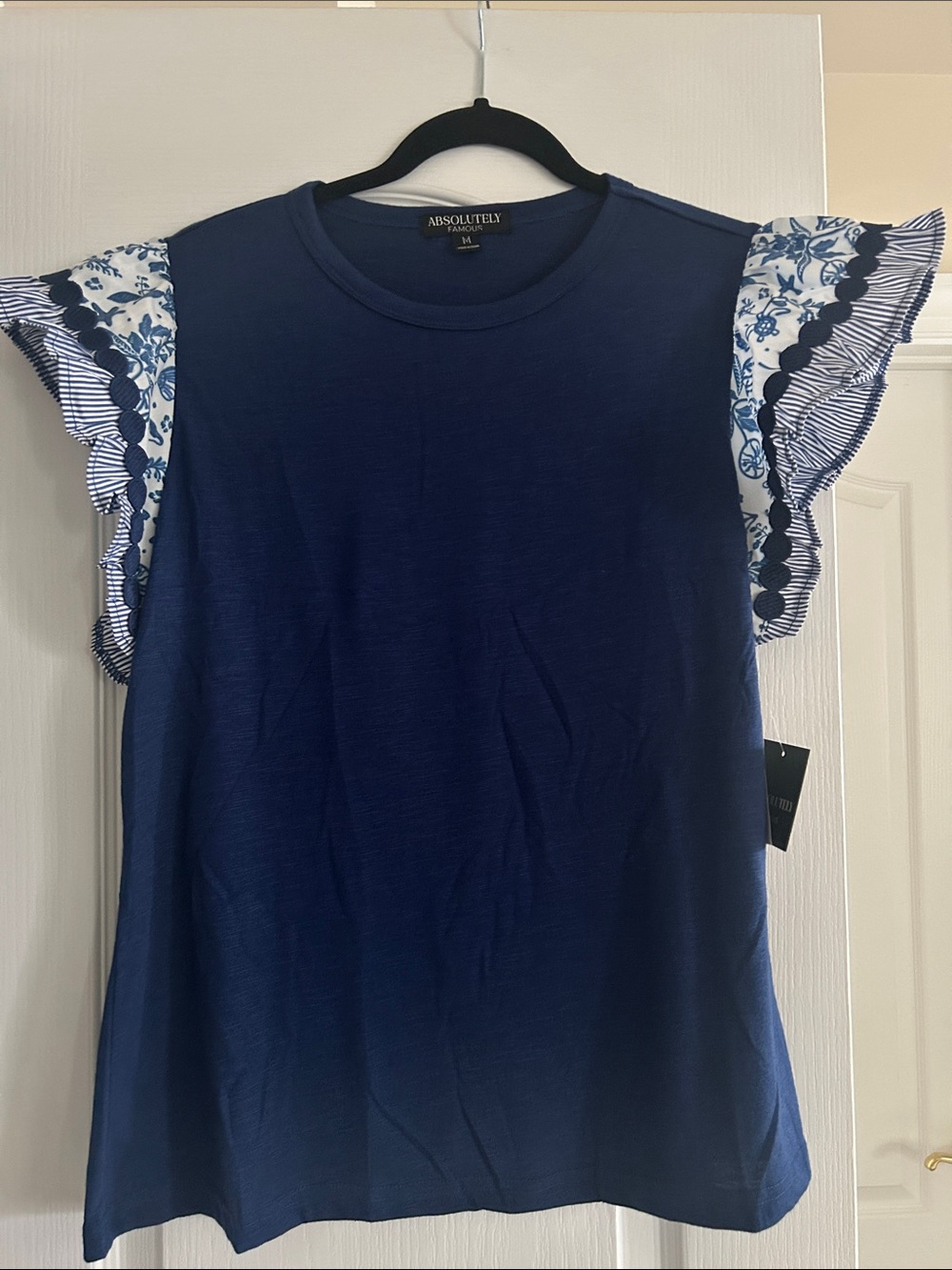 Absolutely Navy Tank Top with Blue and White Floral Ruffle Sleeves